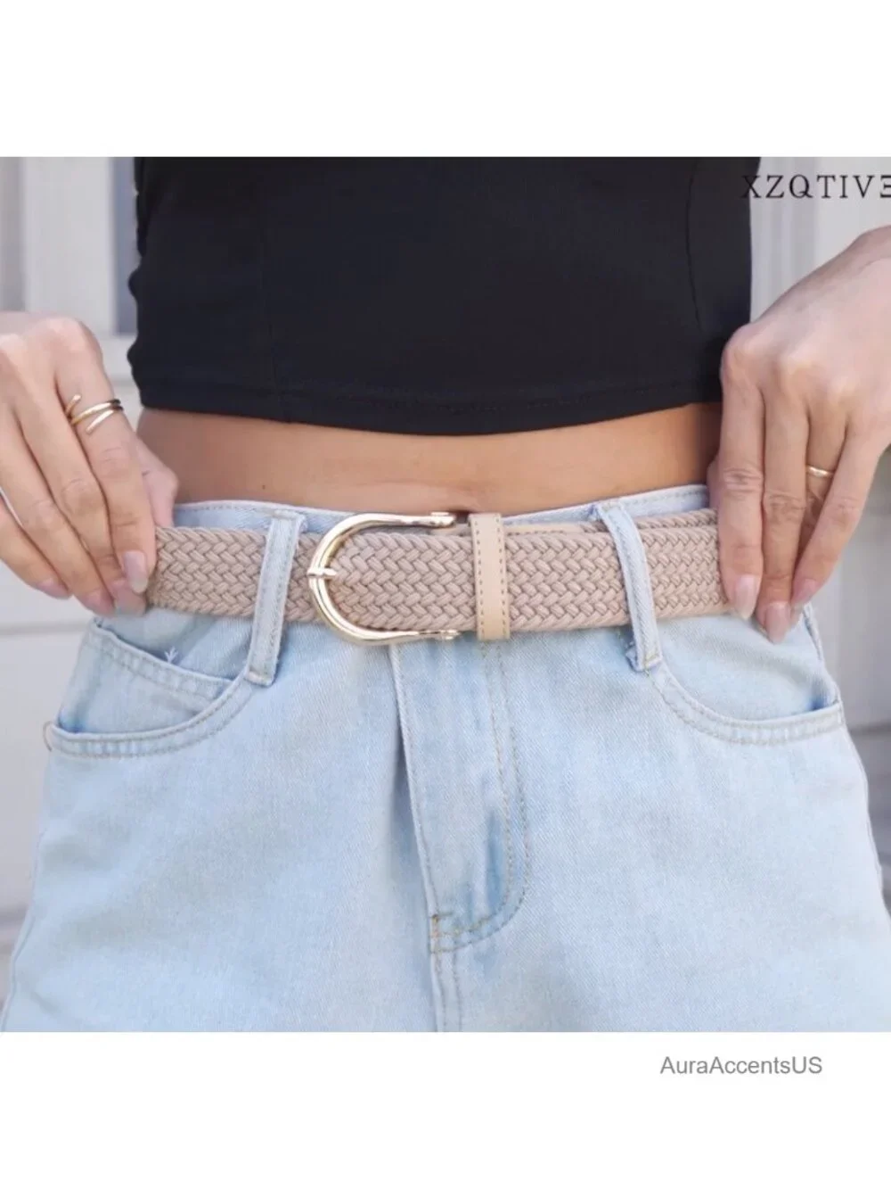 Women's Elastic Braided Belt With Metal Buckle Stretch Woven No-Hole